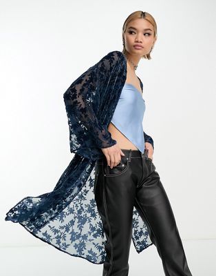 Sisters Of The Tribe maxi kimono with tie front in two tone velvet burnout-Blue