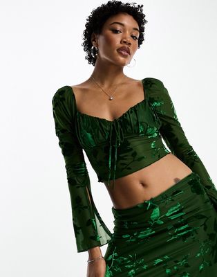 Sisters of the Tribe velvet burnout long sleeve bust detail top in forest green - part of a set