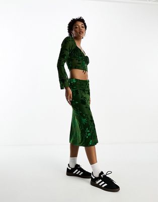 Sisters of the Tribe velvet burnout midi skirt in forest green - part of a set