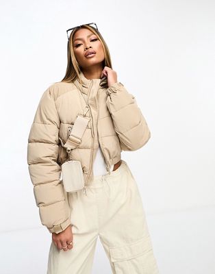 Sixth June cropped puffer jacket with cross body bag in beige-Neutral