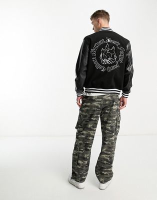 Sixth June gothic print varsity jacket with leather look sleeve in black