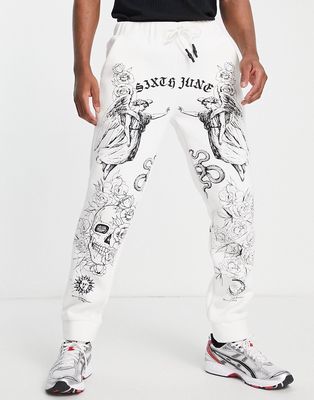 Sixth June jersey sweatpants in white with all over tattoo print - part of a set