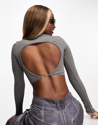 Sixth June long sleeve high neck crop top with open back in gray