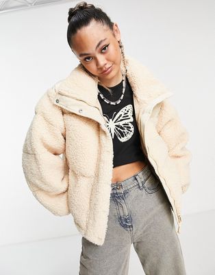 Sixth June oversized boxy crop puffer jacket in cream sherpa with contrast collar-White