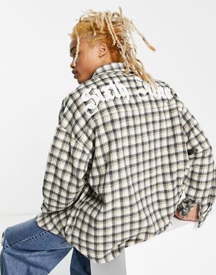 Sixth June oversized flannel check overshirt in gray with logo embroidery