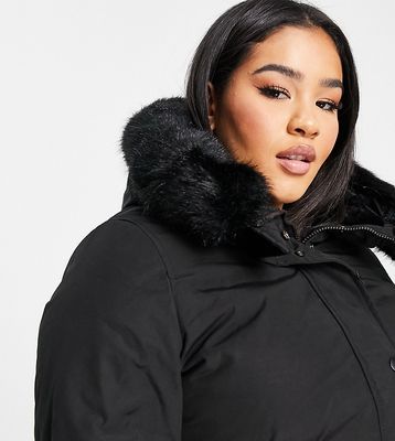 Sixth June Plus oversized longline parka coat with faux fur hood-Black