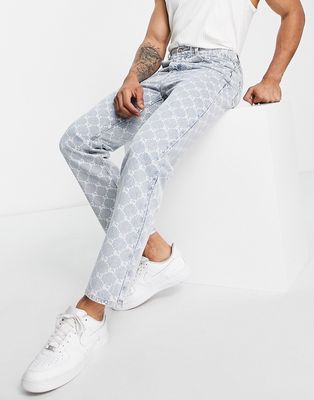 Sixth June relaxed fit denim jeans in lightwash blue with all over logo print