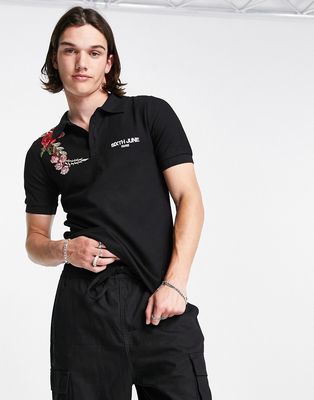 Sixth June rose print polo shirt in black