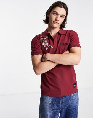 Sixth June rose print polo shirt in burgundy-Red