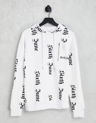 Sixth June skinny fit all over gothic print hoodie in off white
