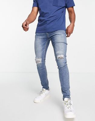 Sixth June skinny jeans in denim blue with knee rips-Blues