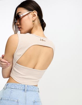 Sixth June sleeveless open back detail ribbed knit crop top in beige-Neutral