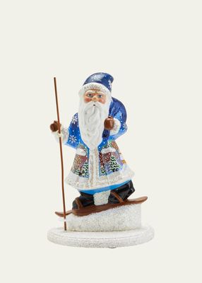 Skiing Santa with Painted Winter Scene Decoration