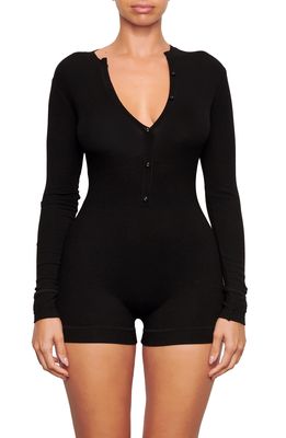 SKIMS Lounge Long Sleeve Henley Romper in Onyx