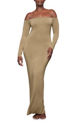 SKIMS Smooth Lounge Off the Shoulder Long Sleeve Dress in Khaki