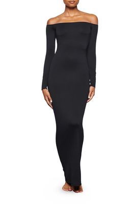 SKIMS Smooth Lounge Off the Shoulder Long Sleeve Dress in Onyx