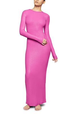 SKIMS Soft Lounge Shimmer Long Sleeve Maxi Dress in Fuchsia Foil