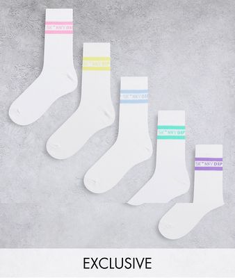 Skinnydip ASOS Exclusive logo ribbed socks 5 pack with pastel stripes-White