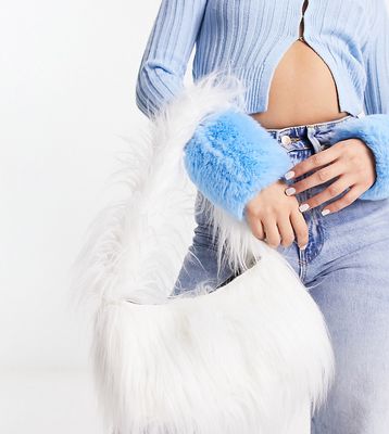 Skinnydip Exclusive shaggy faux fur shoulder bag in cream-White