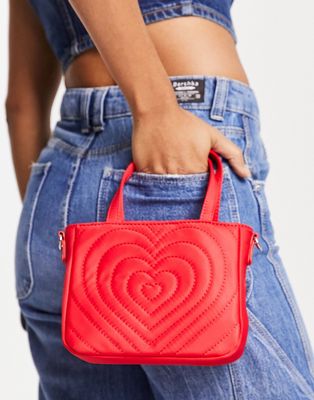 Skinnydip mini grab bag in red quilted Valentines heart print with detachable crossbody strap