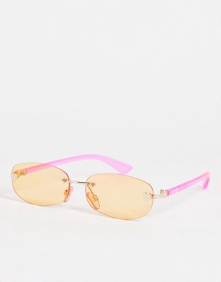 Skinnydip rimless narrow festival sunglasses in pink with orange tinted lens-Multi
