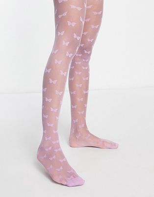 Skinnydip sheer lilac tights with butterfly print-Purple