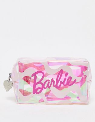 Skinnydip x Barbie logo make up bag in iridescent pink wave print