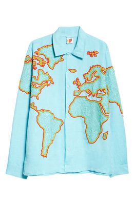 Sky High Farm Workwear Gender Inclusive Beaded World Map Linen Blend Button-Up Shirt in Blue