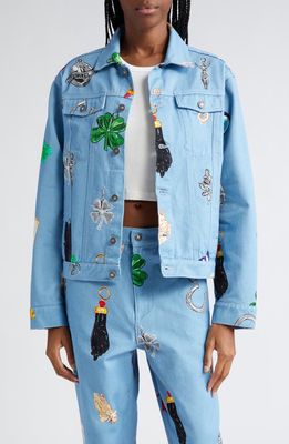 Sky High Farm Workwear Gender Inclusive Charm Print Denim Jacket in Blue