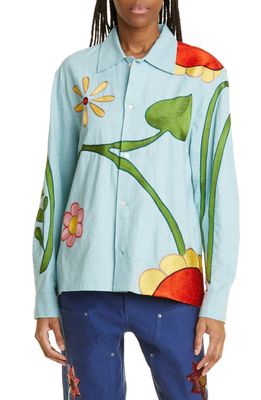 Sky High Farm Workwear Gender Inclusive Embroidered Flower Cotton Button-Up Shirt in Light Blue