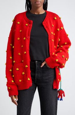 Sky High Farm Workwear Gender Inclusive Hand Knit Strawberry Wool Cardigan with Attached Stuffies in Red