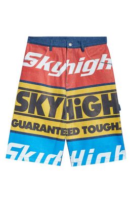 Sky High Farm Workwear Gender Inclusive Oversize Construction Logo Graphic Denim Carpenter Shorts in Blue Multi