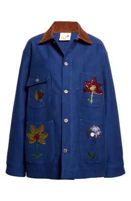 Sky High Farm Workwear Gender Inclusive Sequin Embroidered Flowers Workwear Jacket in Blue