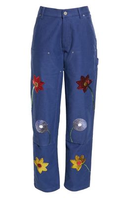 Sky High Farm Workwear Sequin Embroidered Flowers Workwear Jeans in Blue