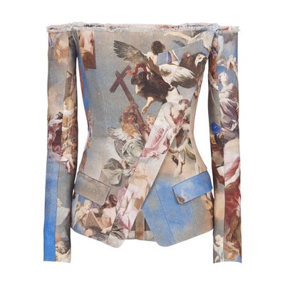 Sky printed canvas off-the-shoulder suit