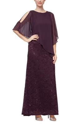 SL FASHIONS Beaded Lace & Chiffon Capelet Gown in Deep Plum