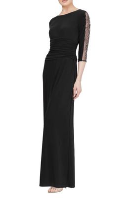 SL FASHIONS Beaded Sleeve Ruched Gown in Black