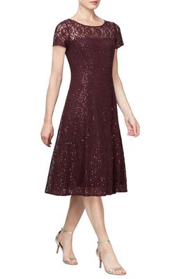 SL FASHIONS Cap Sleeve Metallic Lace Dress in Fig