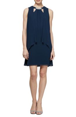 SL FASHIONS Chiffon Cutout Crew Neck Pearl Accent Dress in Navy 