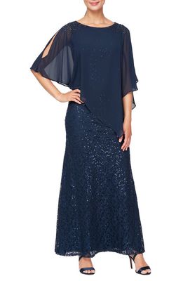SL FASHIONS Chiffon Popover Sequin Lace Gown in Nwn