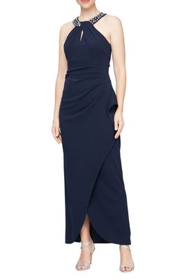 SL FASHIONS Crystal Embellished Halter Neck Tulip Gown in Navy