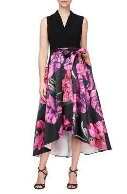 SL FASHIONS Floral High-Low Cocktail Dress in Black Multi