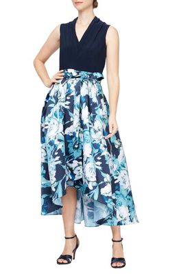 SL FASHIONS Floral High-Low Cocktail Dress in Navy Multi