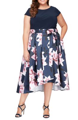 SL FASHIONS Floral High-Low Cocktail Dress in Navy