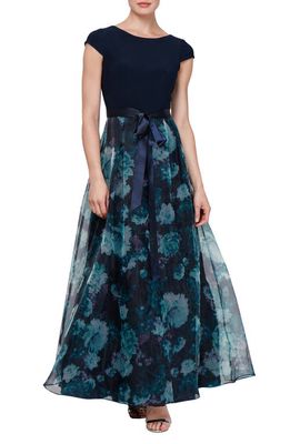SL FASHIONS Floral Organza Gown in Navy Multi