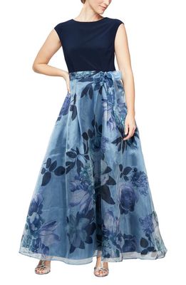 SL FASHIONS Floral Print Cap Sleeve Gown in Navy