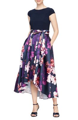 SL FASHIONS Floral Skirt Asymmetric Cocktail Dress in Navy Multi