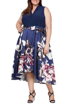 SL FASHIONS Floral Tie Belt High-Low Cocktail Dress in Navy Multi