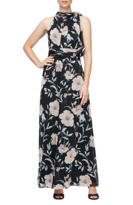 SL FASHIONS Floral Tie Neck Maxi Dress in Black Multi 