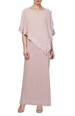 SL FASHIONS Foil Trim Asymmetric Popover Capelet Gown in Faded Rose